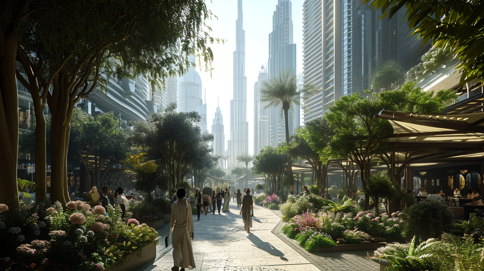 People walking on a beautiful trail with greenery on the sides, a metropolis ahead